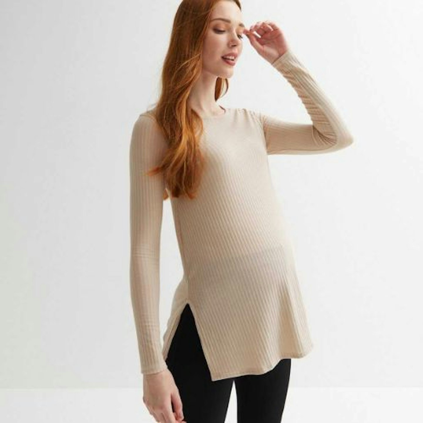 New Look Maternity Stone Ribbed Long - plus size maternity clothes Sleeve Split Hem Top