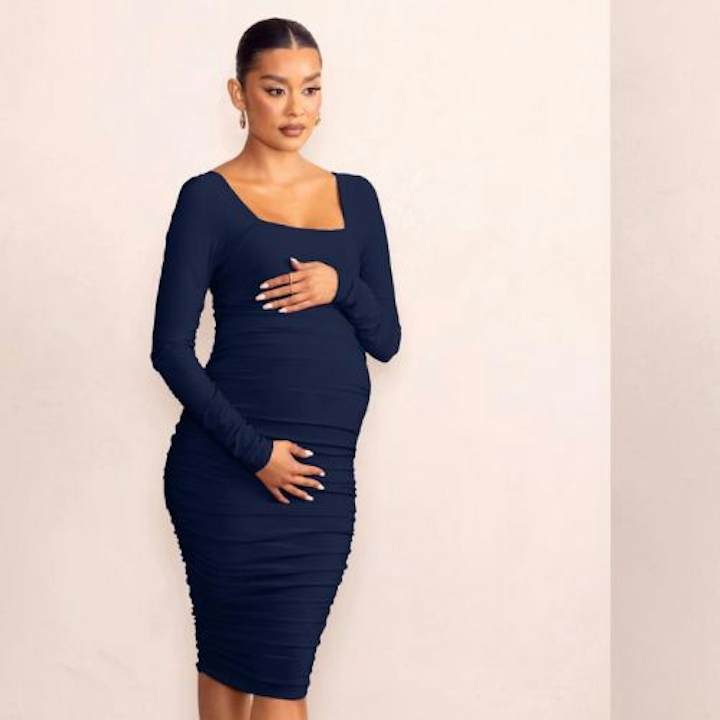 NEW LIFE NAVY MATERNITY SQUARE NECK RUCHED MIDI DRESS  