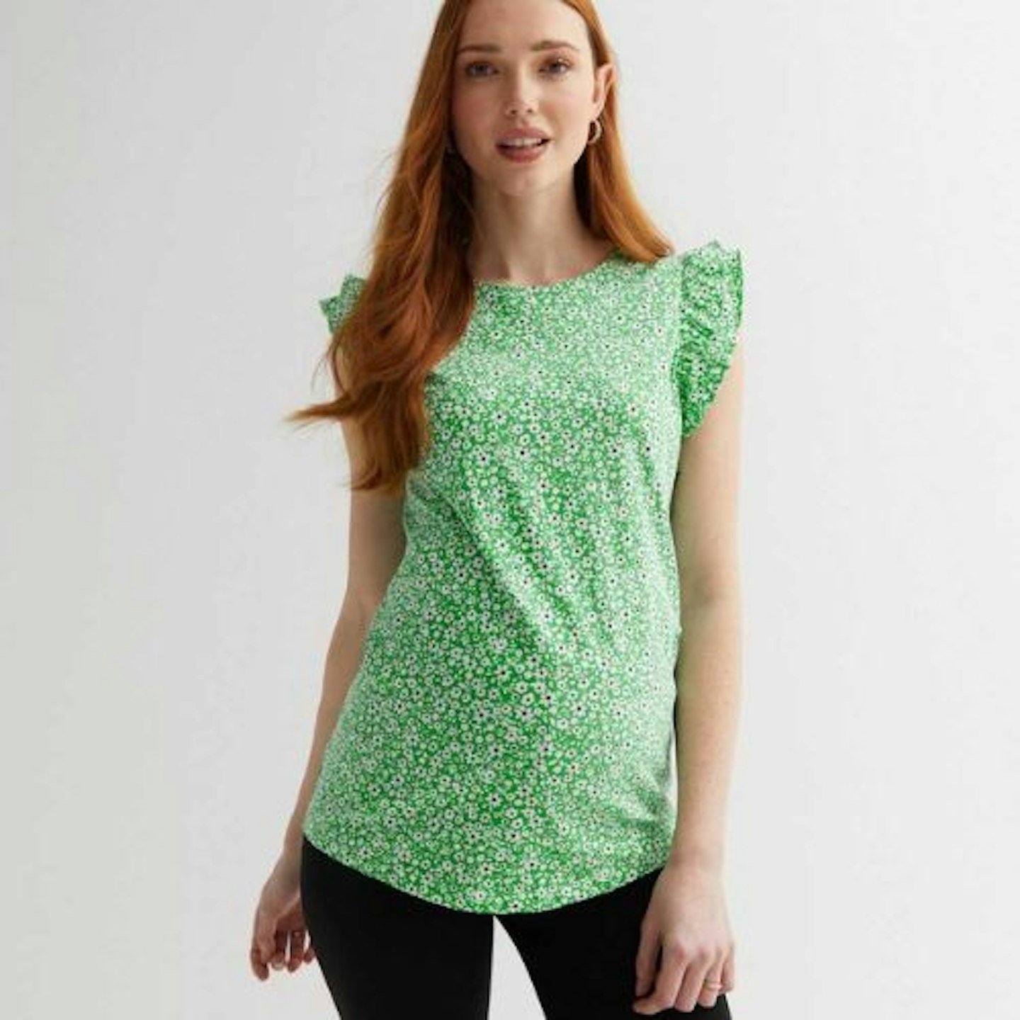 New Look Maternity Green Floral Frill Sleeve Top