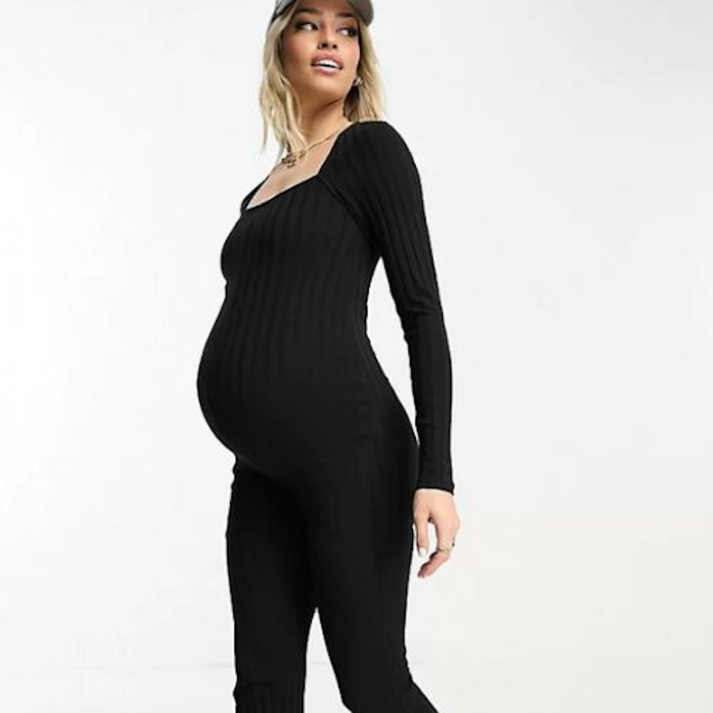 ASOS DESIGN Maternity rib square neck long sleeve unitard jumpsuit