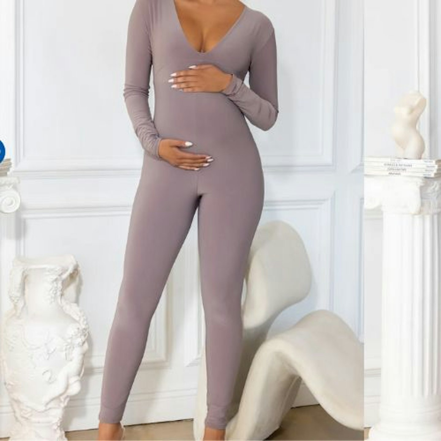 MY WORLD TAUPE MATERNITY V NECK LONG SLEEVE JUMPSUIT