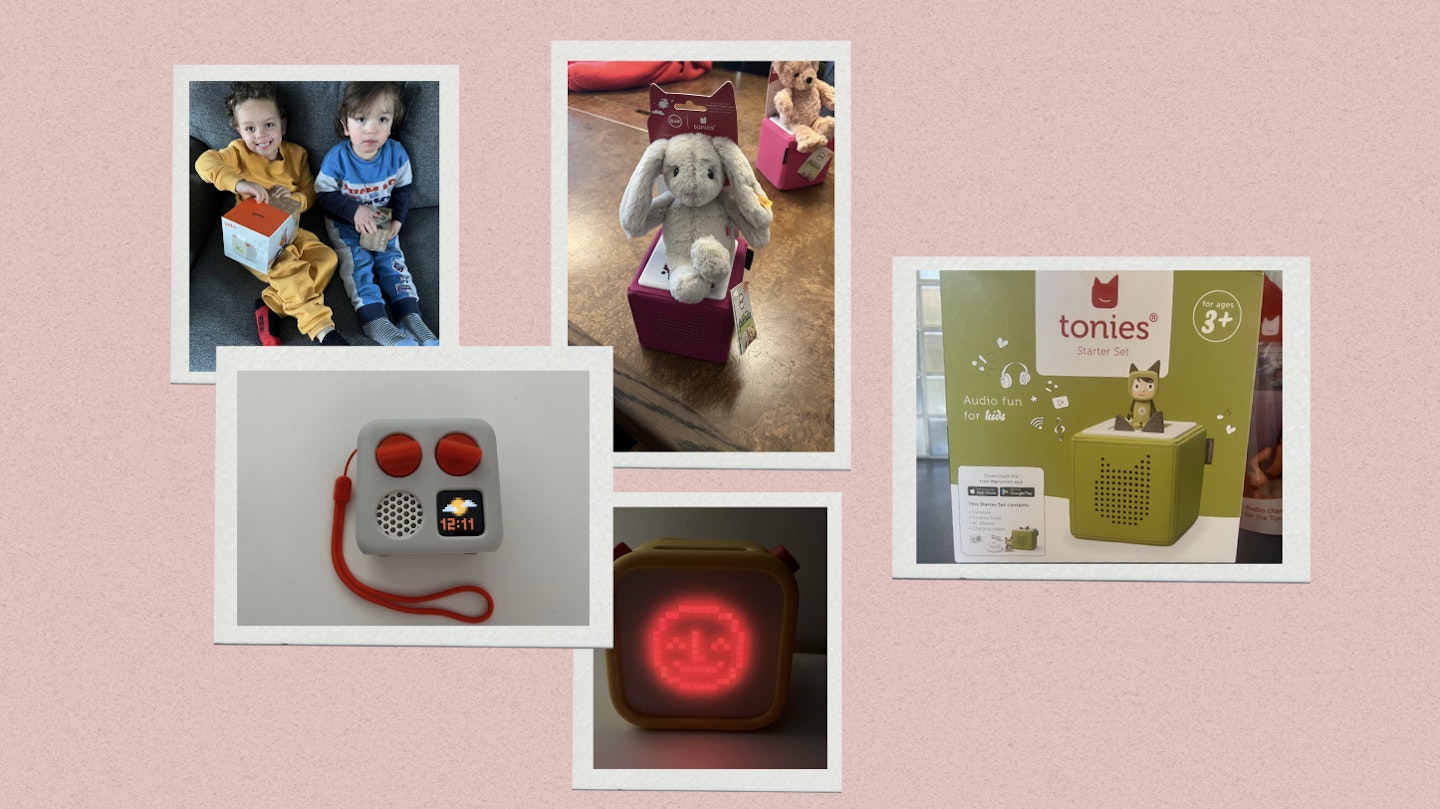 A collage of images of tonie box and yoto players on a pale pink background