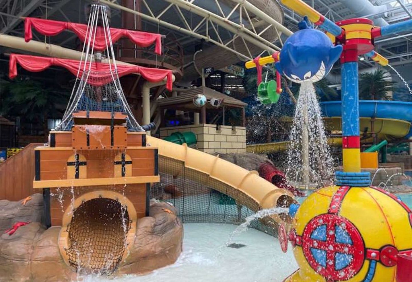 Water slides and a pirate ship at Sandcastle waterpark