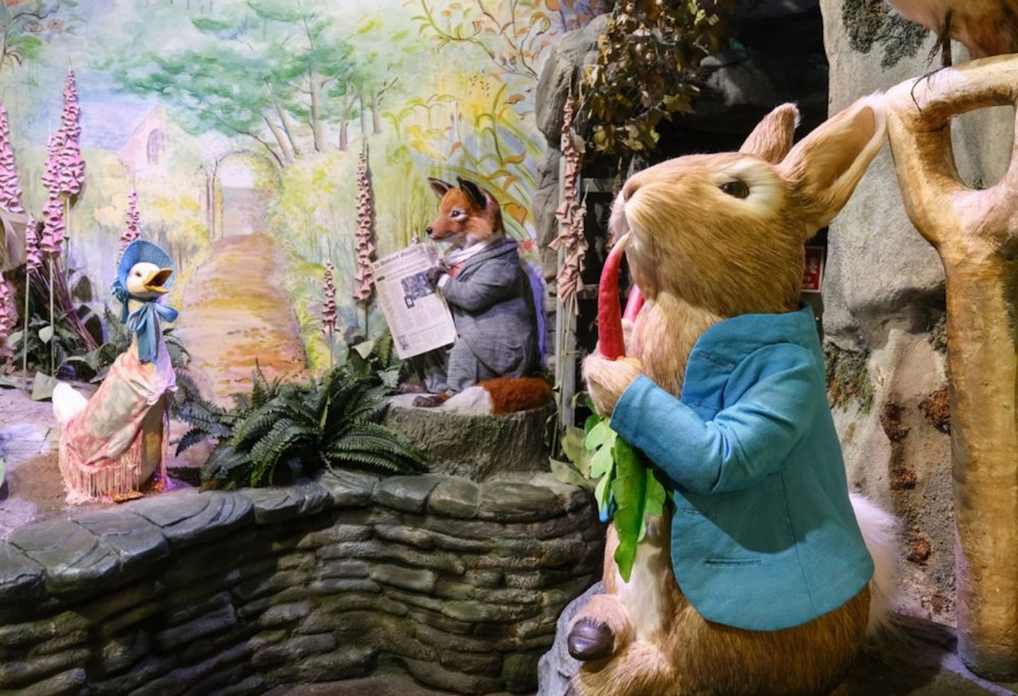 Models of Peter Rabbit, Mr Tod, and Jemima puddle duck at the World of Beatrix Potter