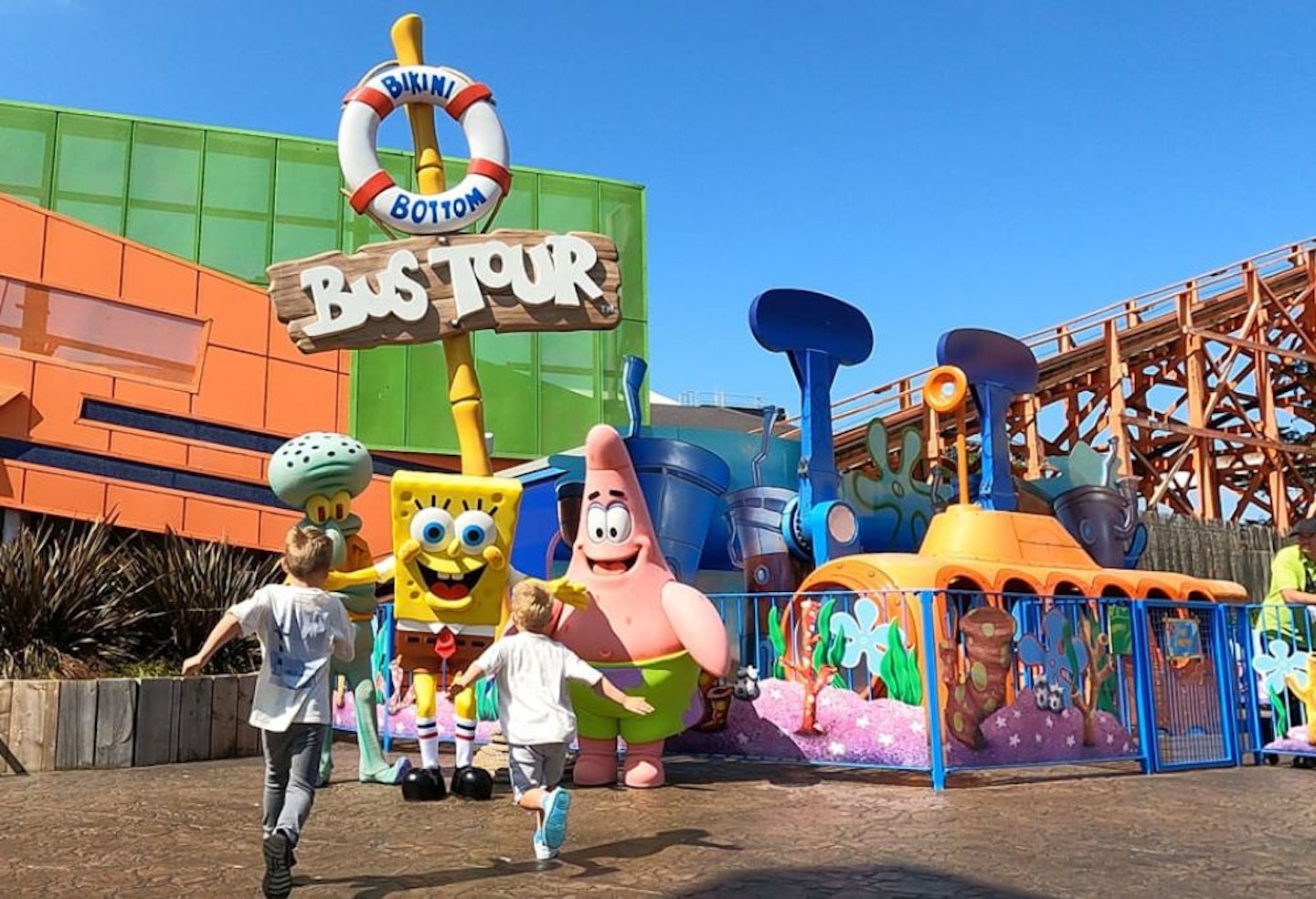 Children running towards SpongeBob squarepants at Blackpool Pleasure beach