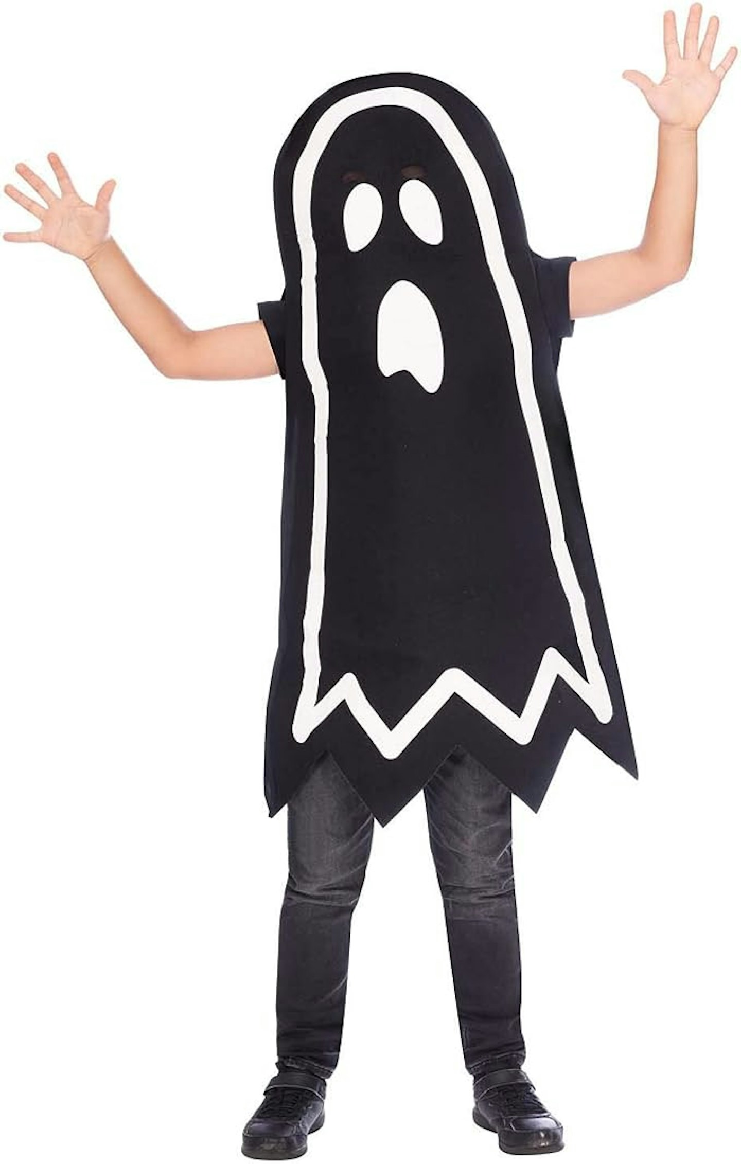 Child with hands in the air wearning a glow in the dark ghost costume