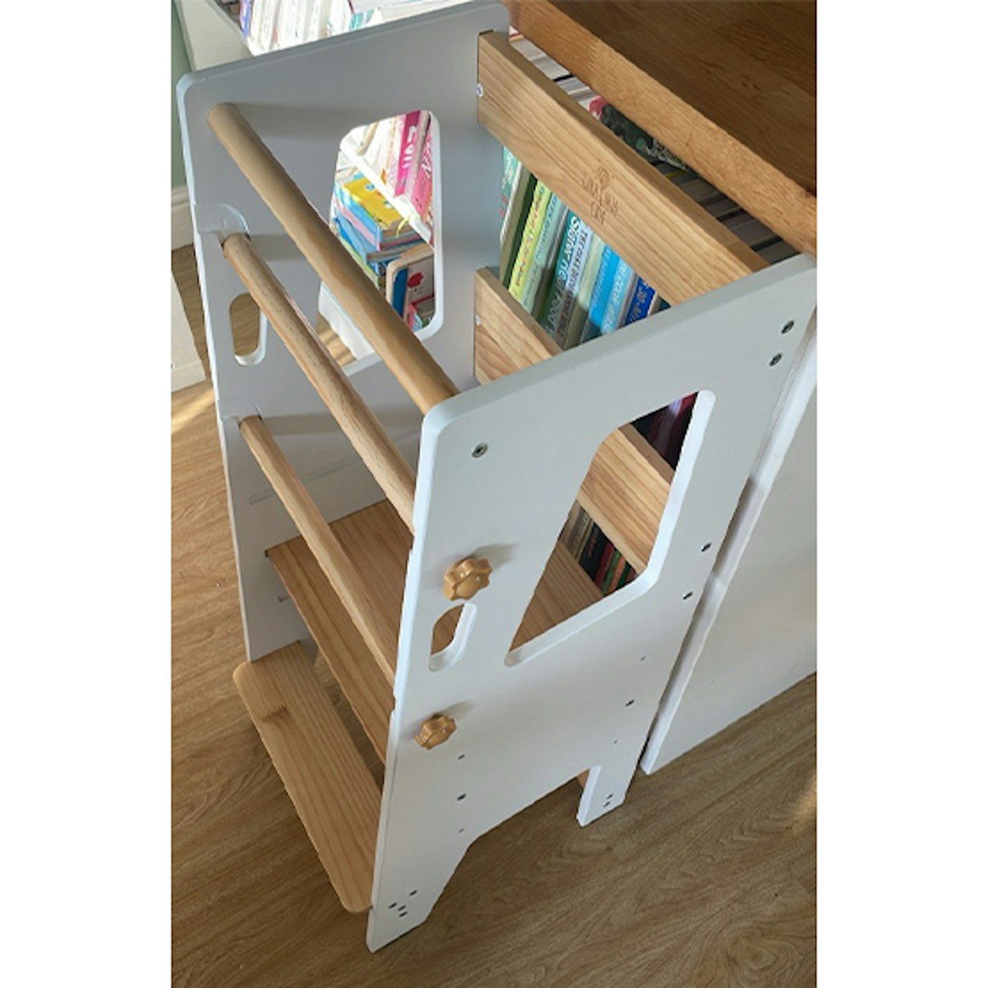 Cara Mia toddler tower pushed up to kitchen side