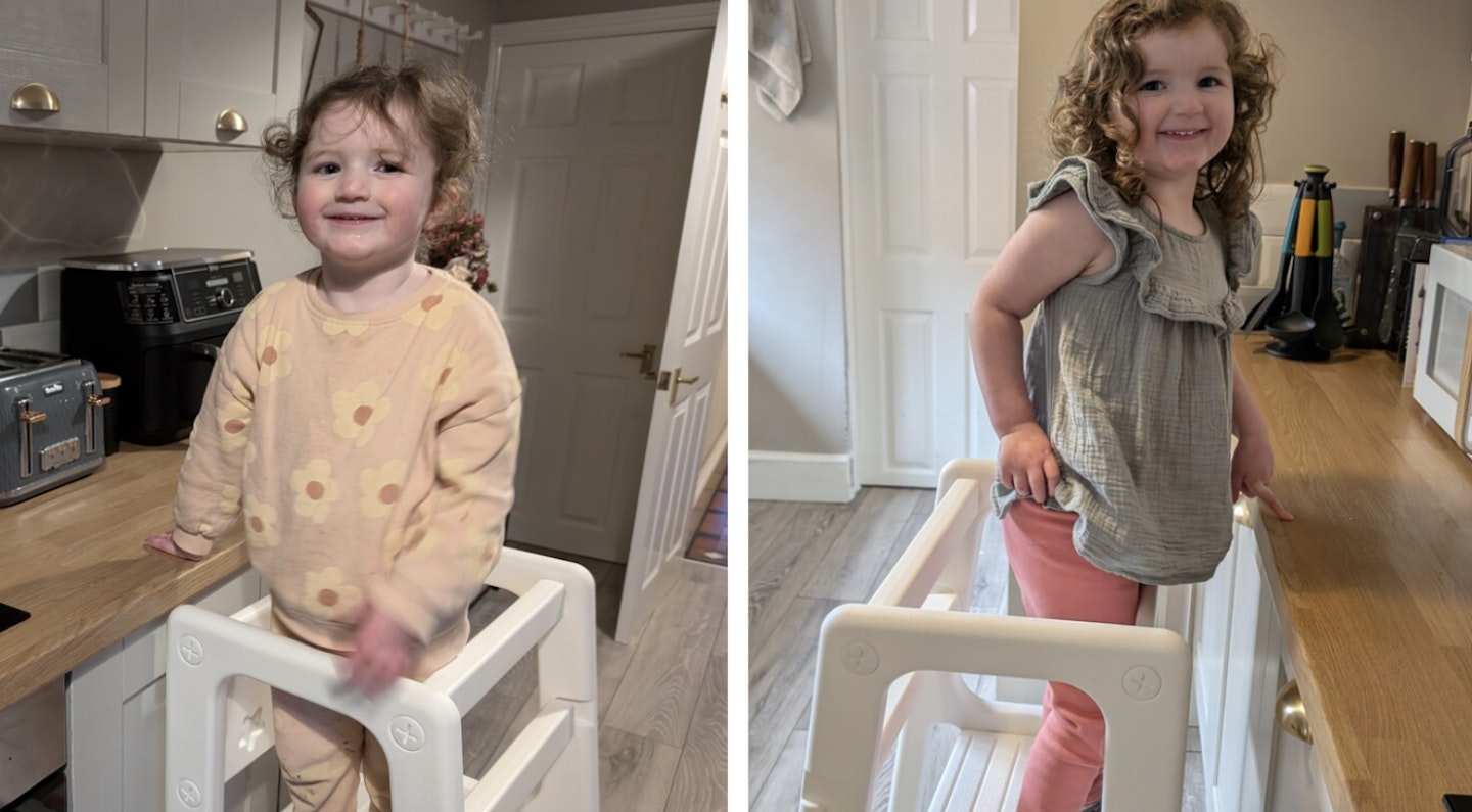 The Homcom toddler standing learning tower built being tested by two different toddlers