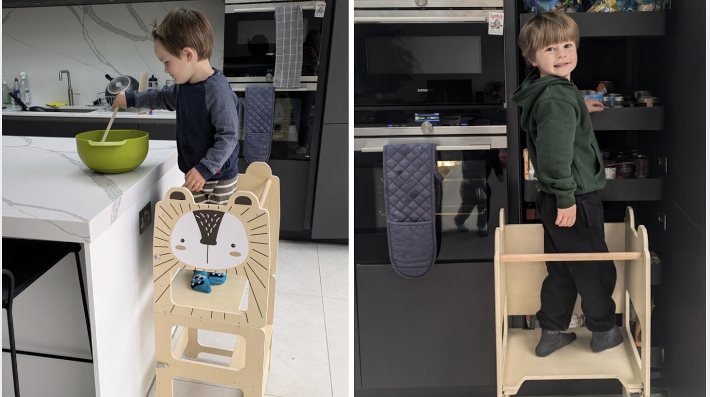 A collage of two images showing two different kids testing out the Kids Step Stool, Learning Wooden Tower with Chalkboard kids learning toddler tower in a kitchen with dark grey cabinets