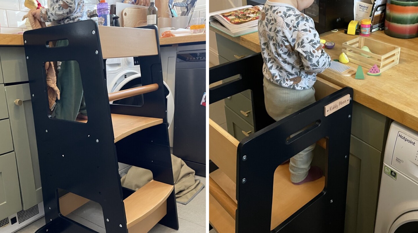 A collage of two images showing two different kids testing out the kiddymoon toddler learning tower in a kitchen with sage green kitchen cabinets
