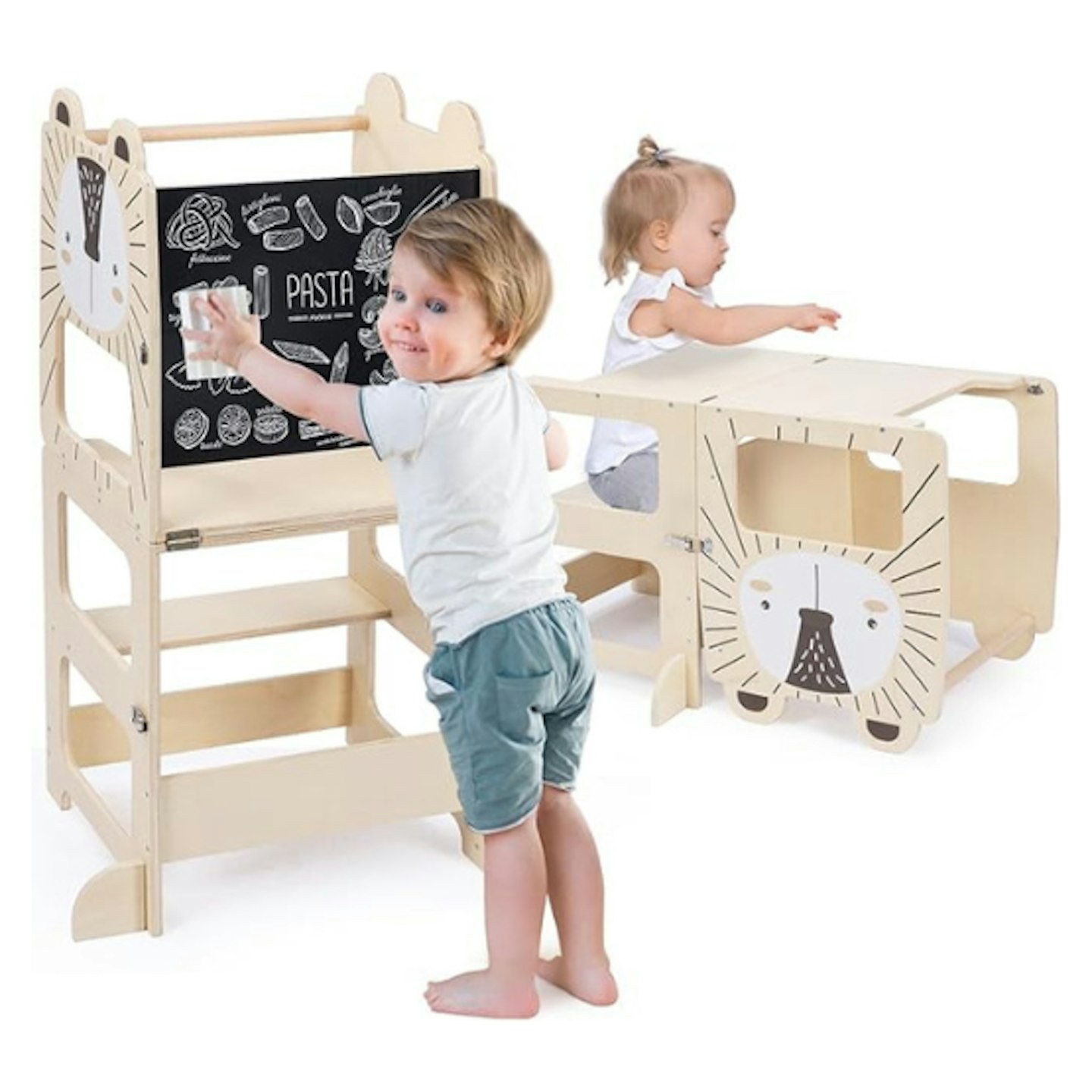 Children playing on a learning Wooden Tower with Chalkboard, Foldable Toddler Table