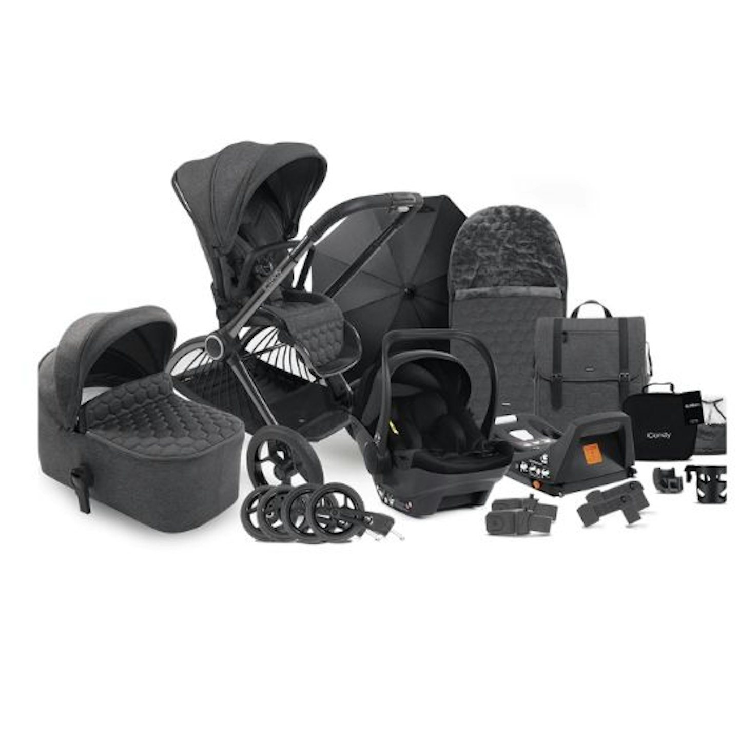 black car seat and push chair bundle 
on white background