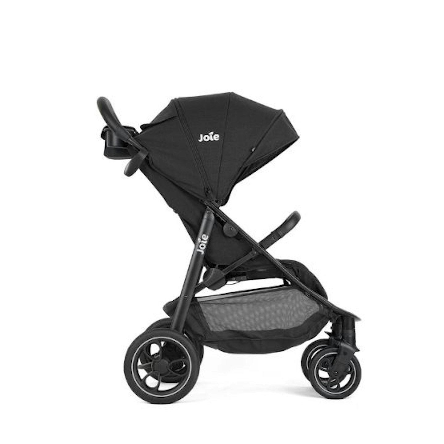 A black Joie pushchair 