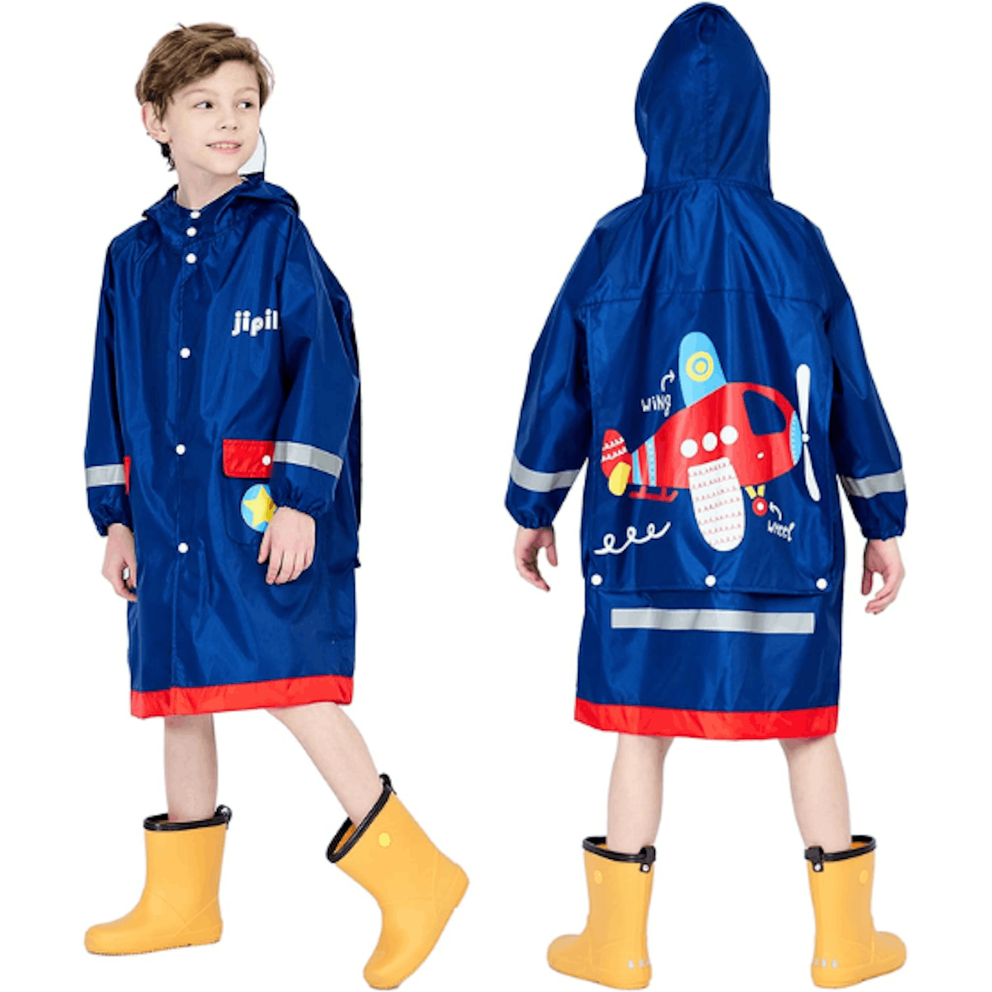 Long blue hooded raincoat with an aeroplane design
