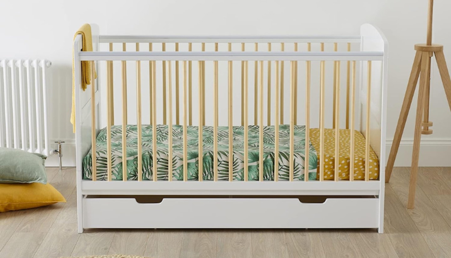 Coleby Scandi Classic Cot Bed and Under Drawer with leaf print bedding