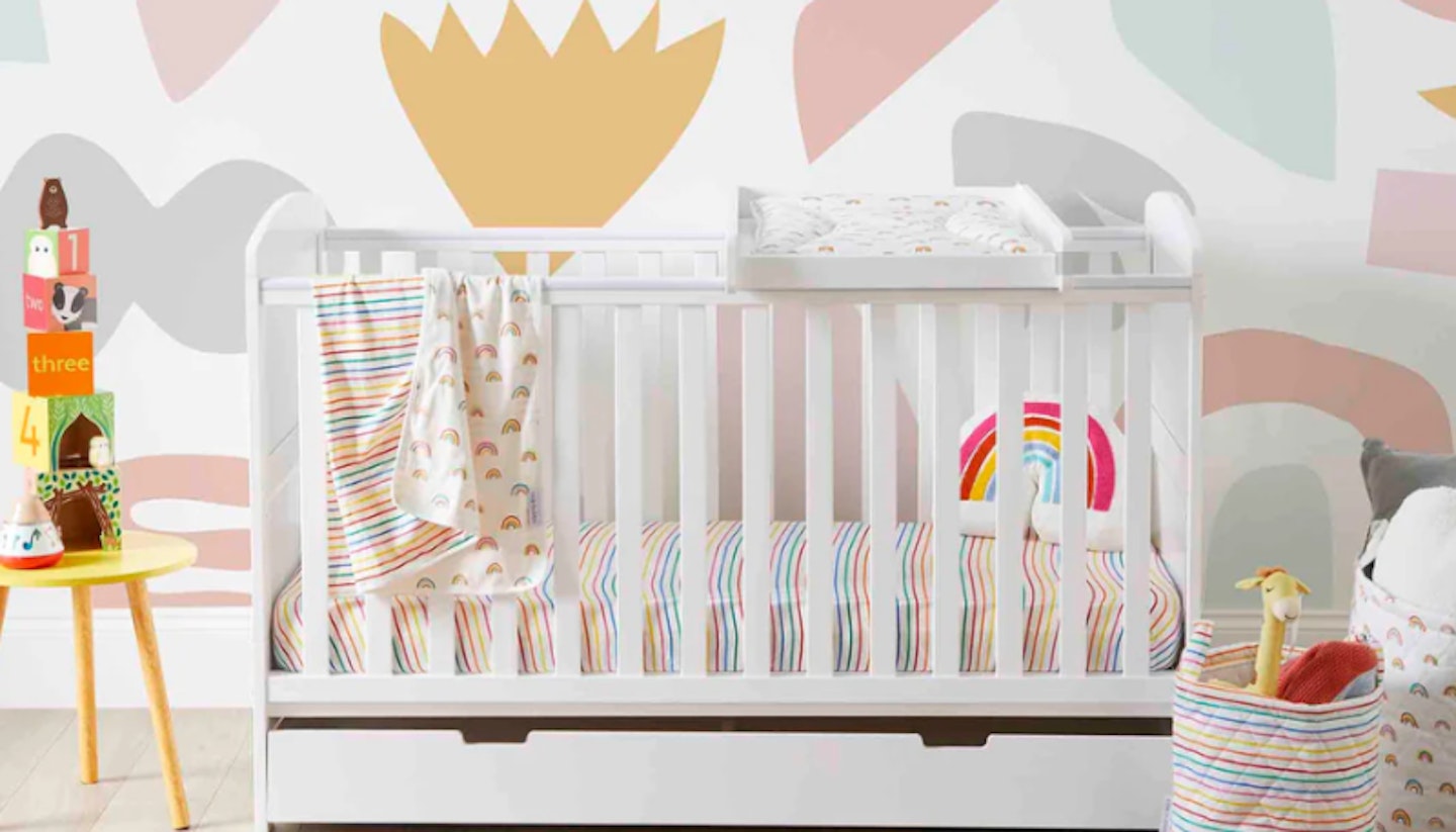 Ickle Bubba Coleby Scandi Classic Cot Bed and Under Drawer with rainbow bedding and cushion