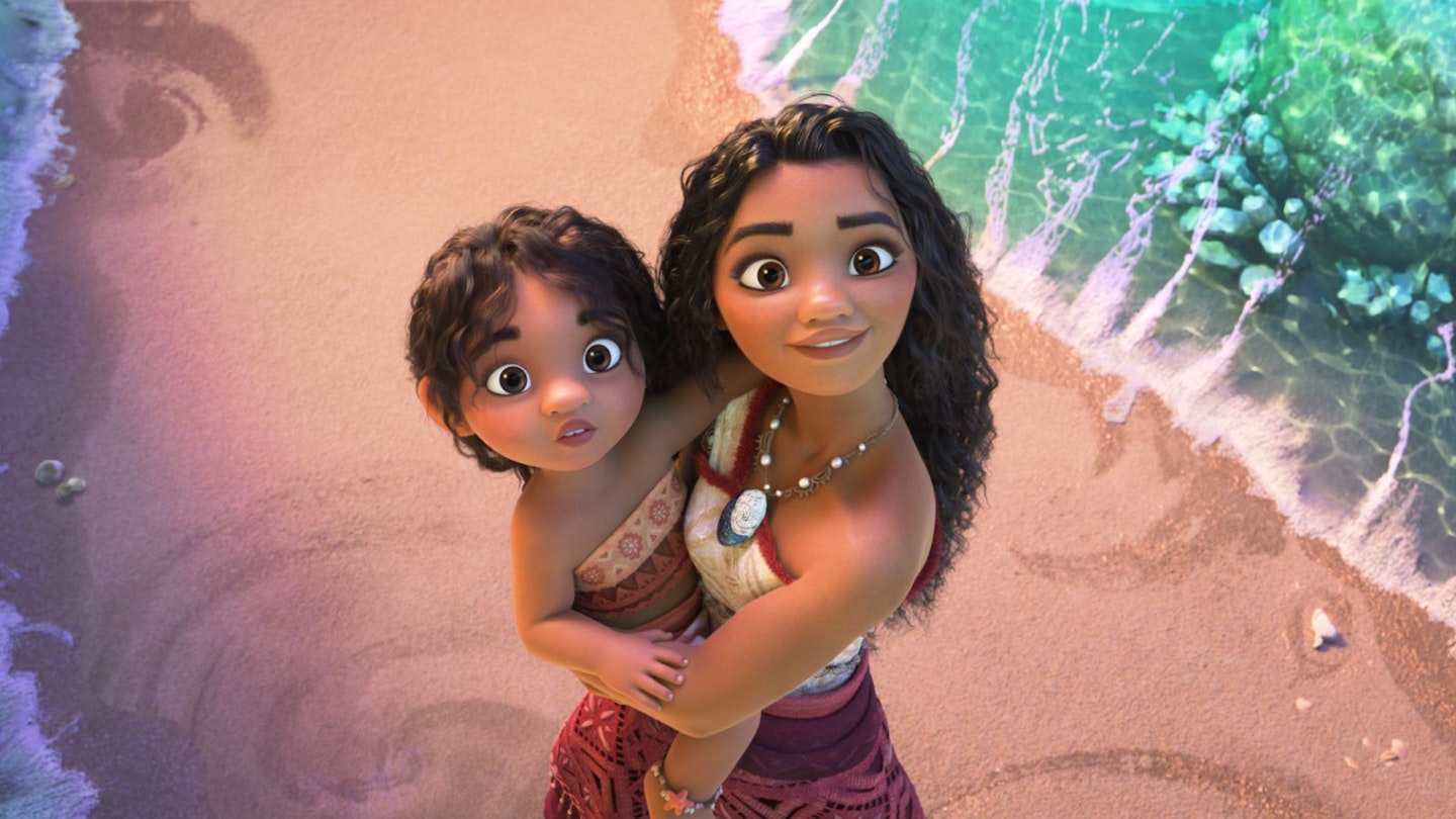 Disney's Moana with her new baby sister Simea looking to the skies in the new Moana 2 movie.