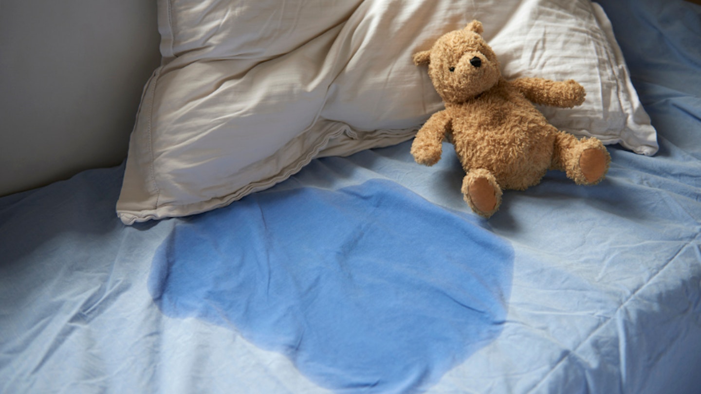 Wet bed with teddy bear