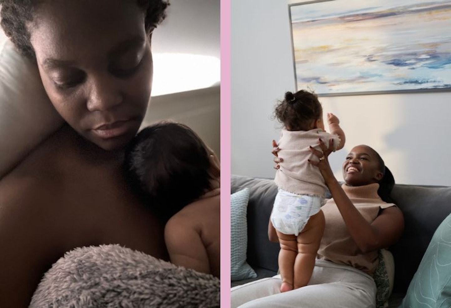 A split image showing Oti Mabuse with her daughter as a baby, and now her standing on Otis lap on a sofa with a painting behind.