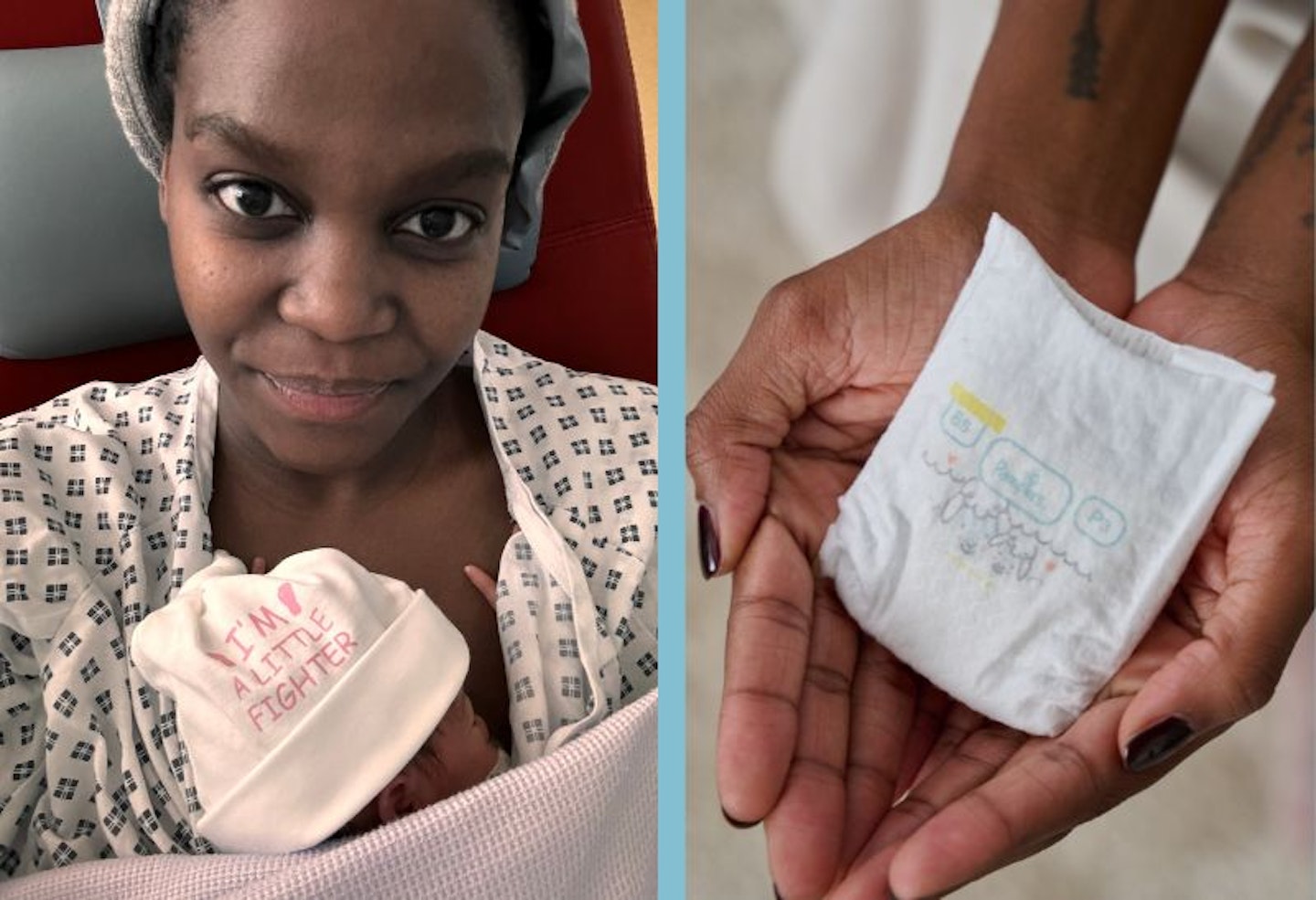 A split image of Oti Mabuse with her baby wearing a hat saying 'I'm a little fighter' and another image of her hands holding a Pampers preemie nappy