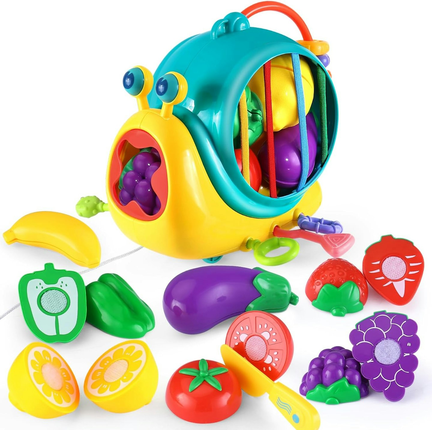 Cute snail car toy that doubles up as a bag to hold a variety of plastic fruit