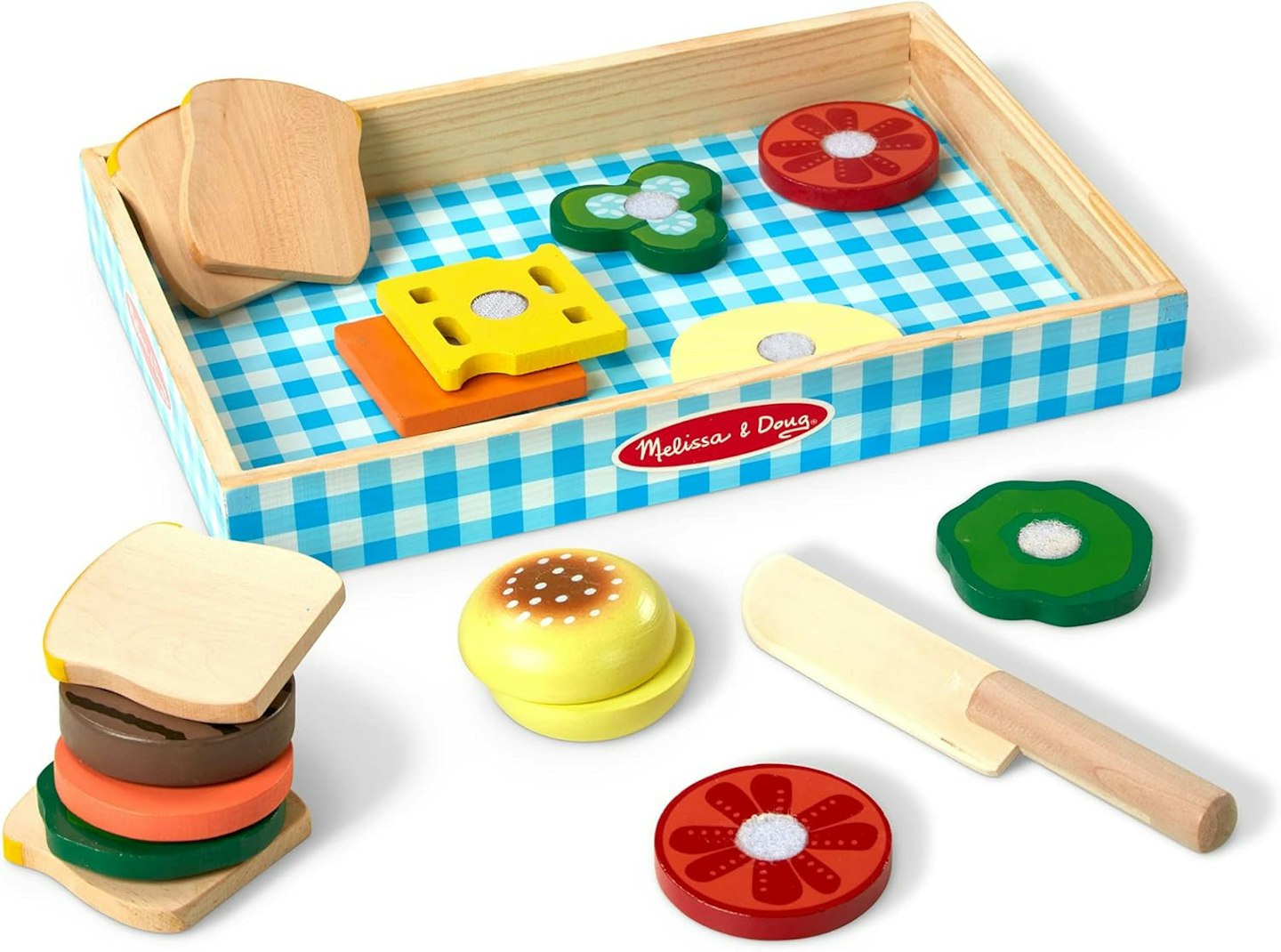 Wooden sandwich play food with removable fillings, toy knife and wooden tray