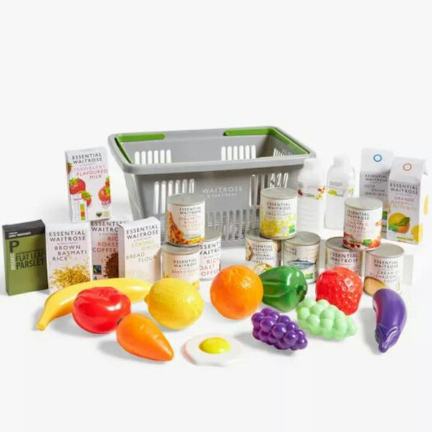 Waitrose branded toy grocery basket with toy food packets and tins