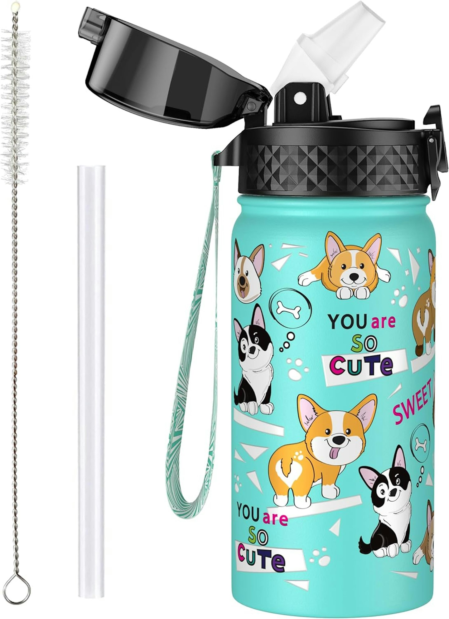 Child's water bottle with cute dog design, includes removable straw and straw cleaning brush