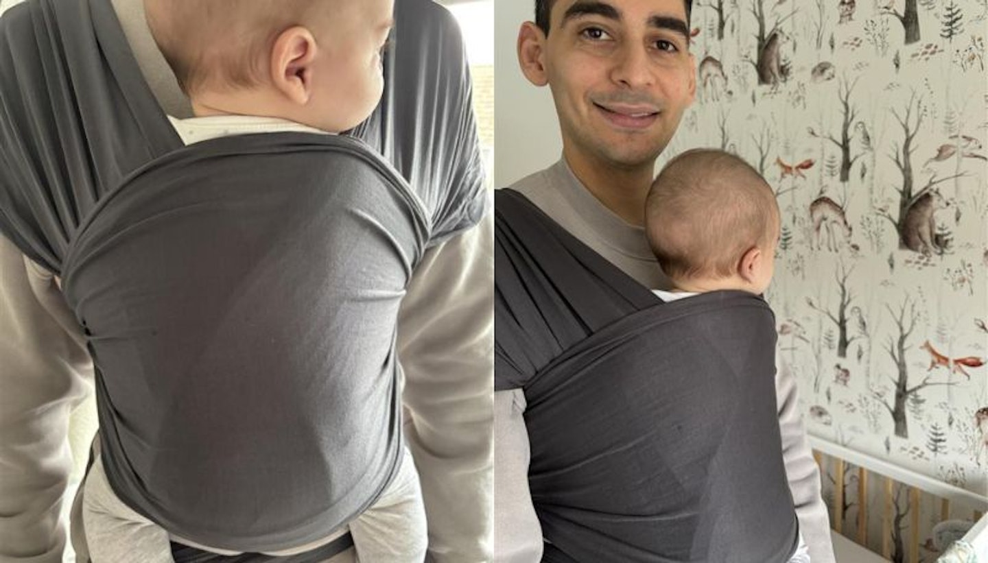 Two images showing a baby in the Ergobaby Aura Wrap
