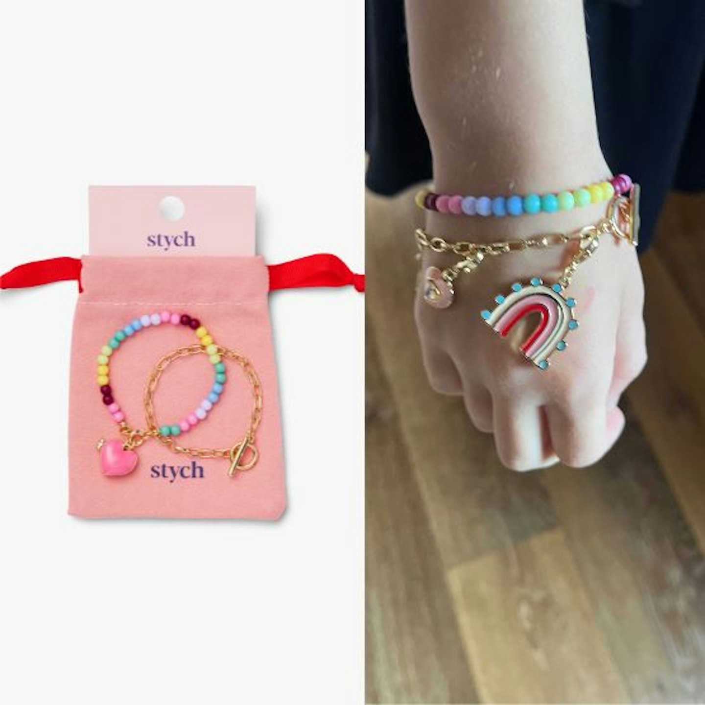 Split image of a BE CHARMED! Bracelet set and a child wearing the bracelets