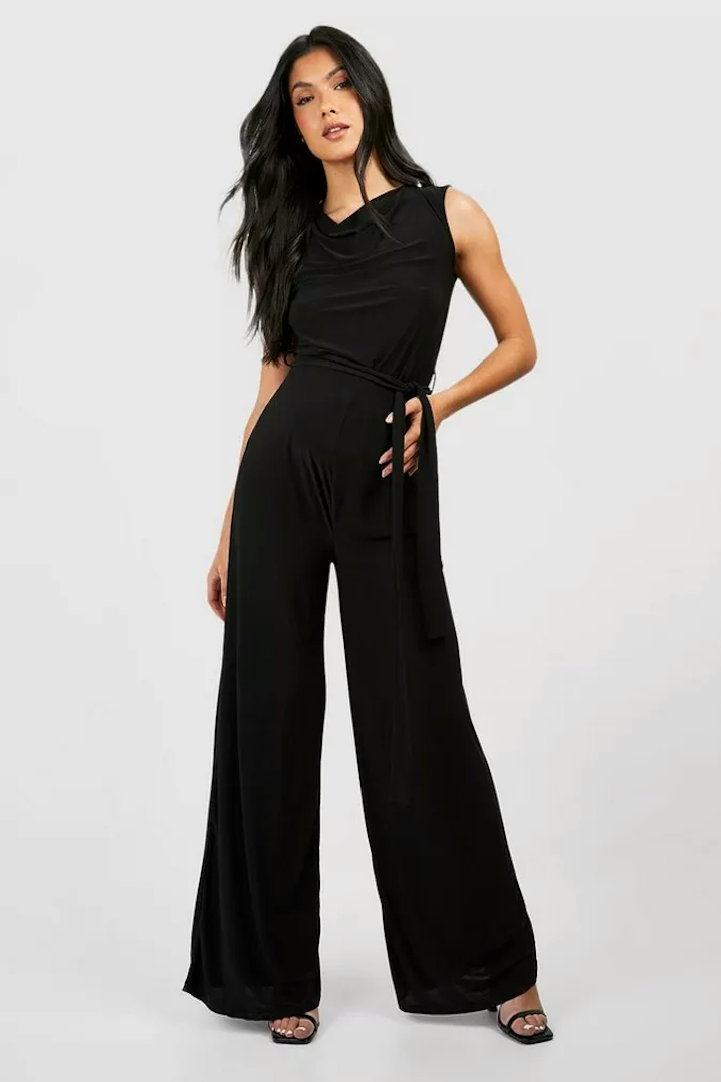 MATERNITY COWL NECK SLINKY BELTED JUMPSUIT