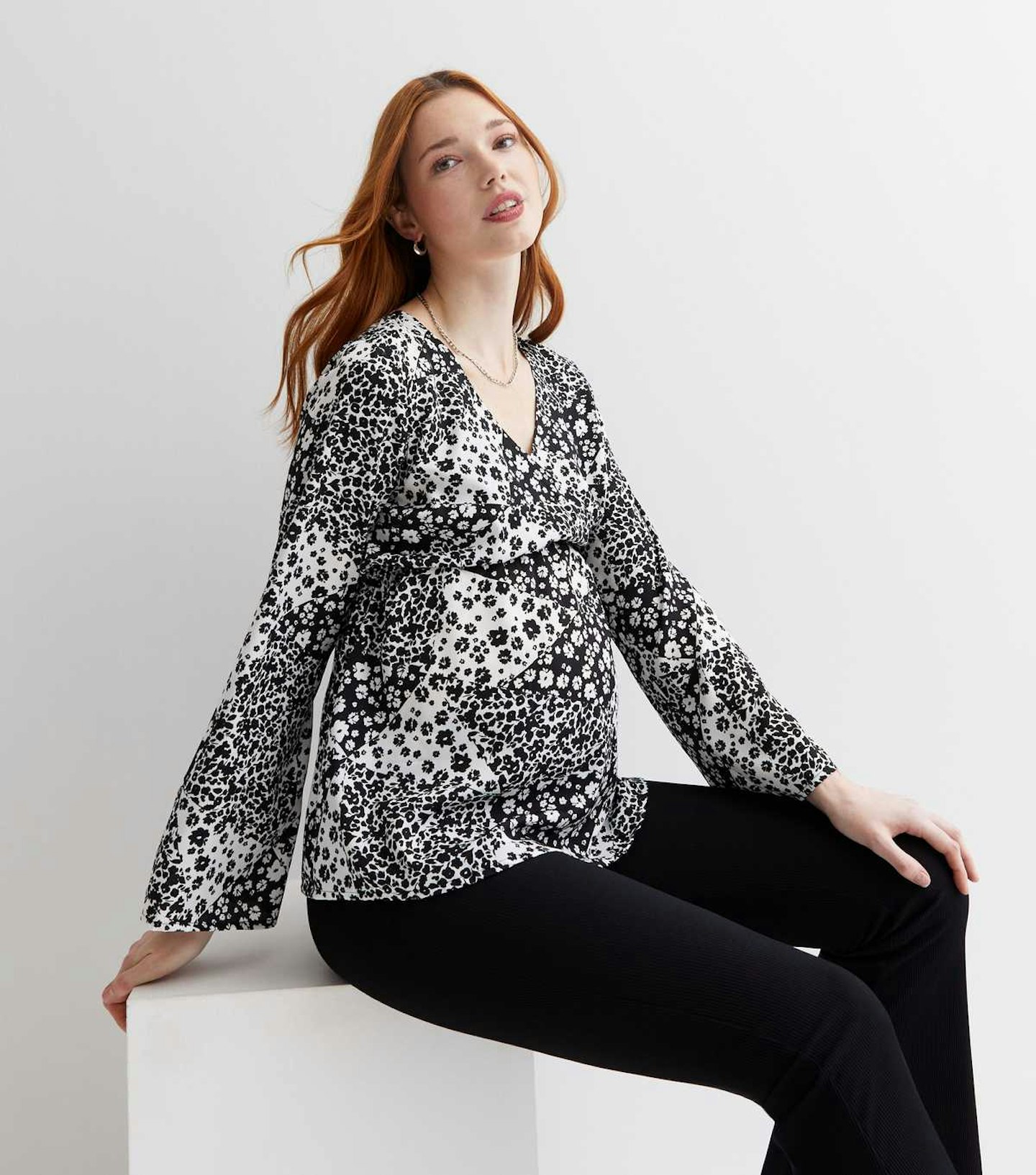 Maternity Black Floral V Neck Long Wide Sleeve Wrap Top