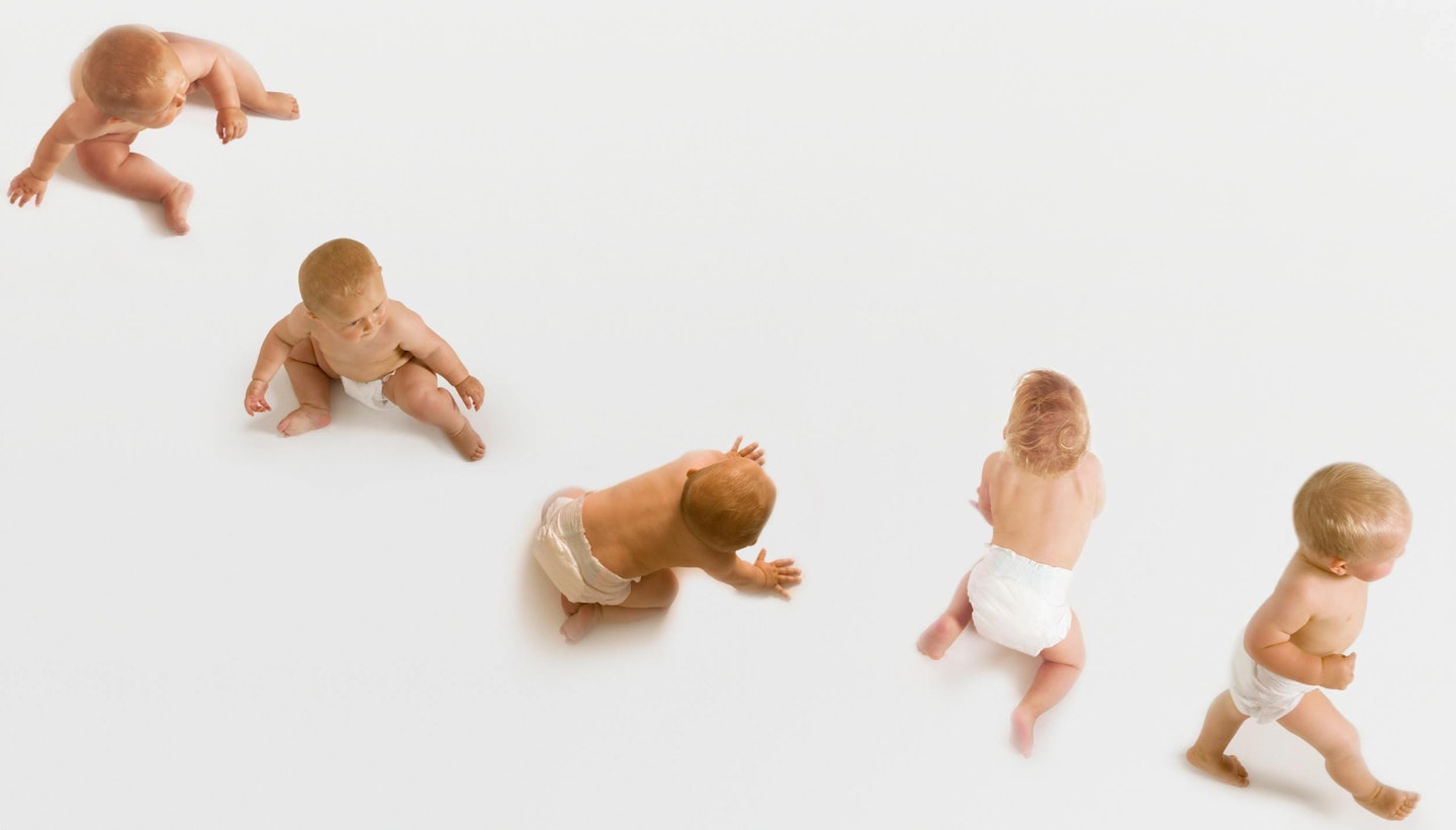 An image of the stages of a baby learning how to walk.