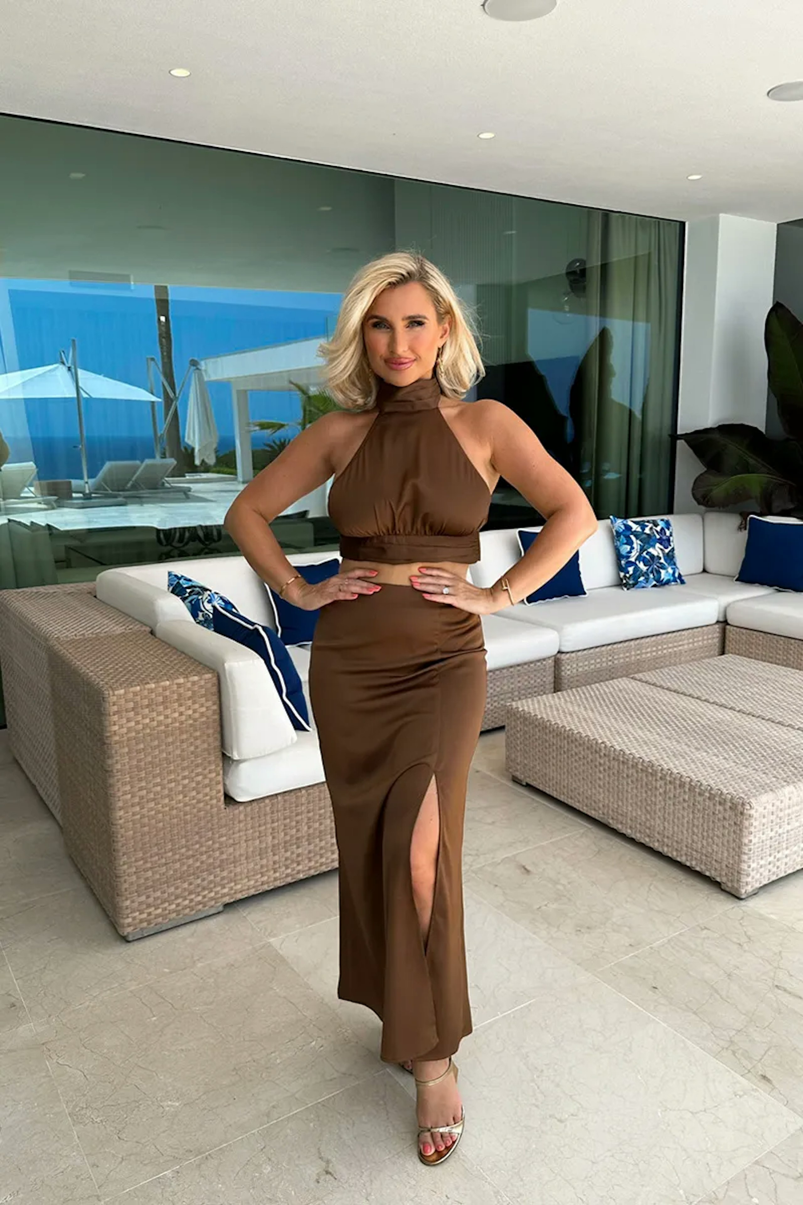 billie faiers chocolate halter neck satin maxi dress In The Style Collection lds-30-2026