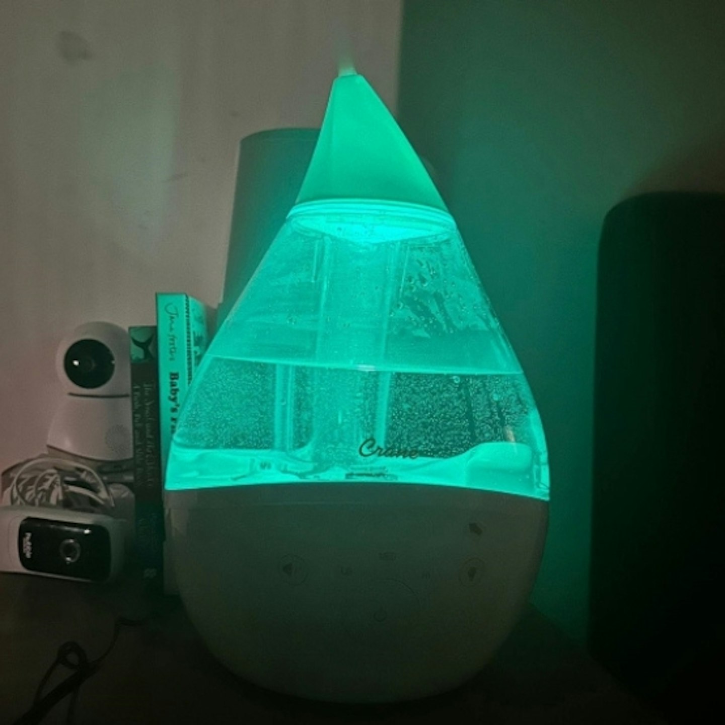 Crane Humidifier with Sound Machine on with a blue light and view of the water