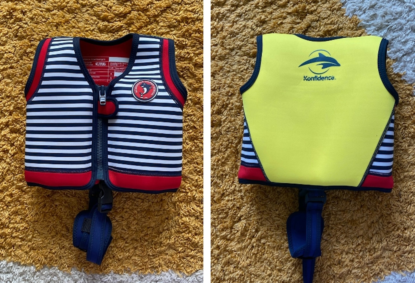 two photos of the Konfidence Swim Jacket, on the left showing the front, and on the right showing the back