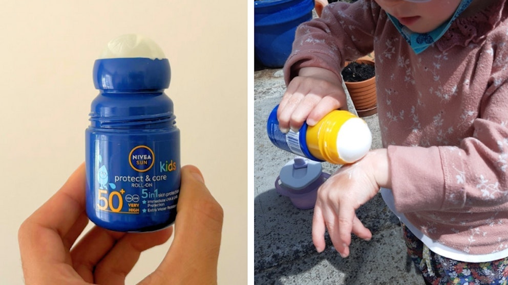 Child putting on a roll-on sunscreen for kids
