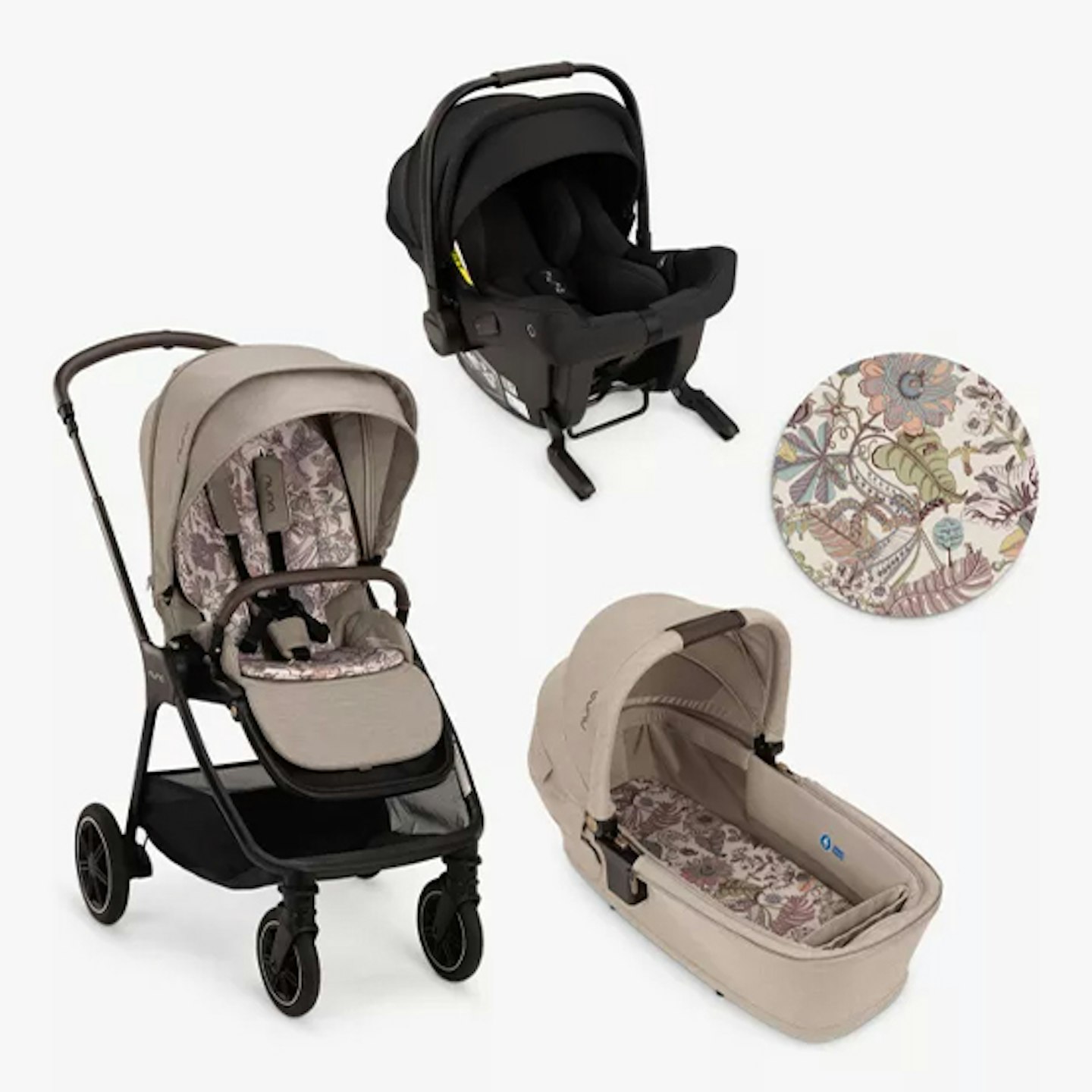 Nuna X Liberty car seat, pushchair and carrycot bundle