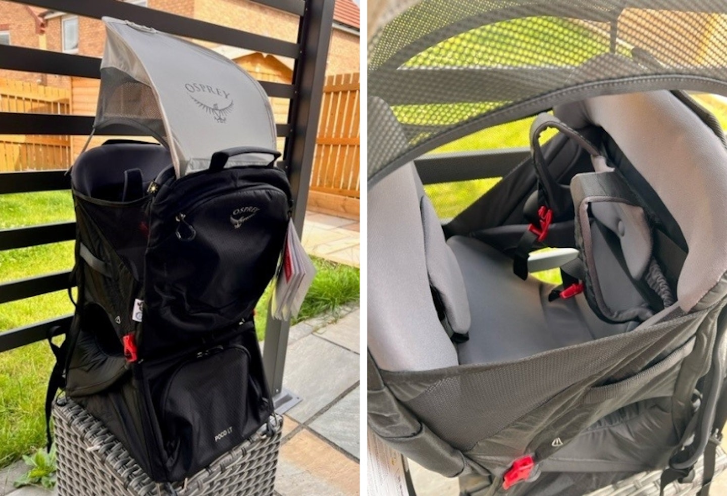 two photos of the Osprey Poco LT Child Carrier, on the left is a full shot of the carrier with cover on, and on the right is a closer shot of inside the carrier