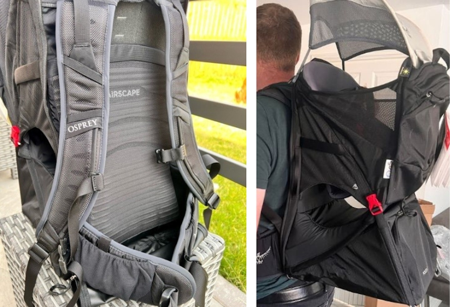 two photos of the Osprey Poco LT Child Carrier, on the left is a view of the back and the straps, and on the right the tester is wearing the product