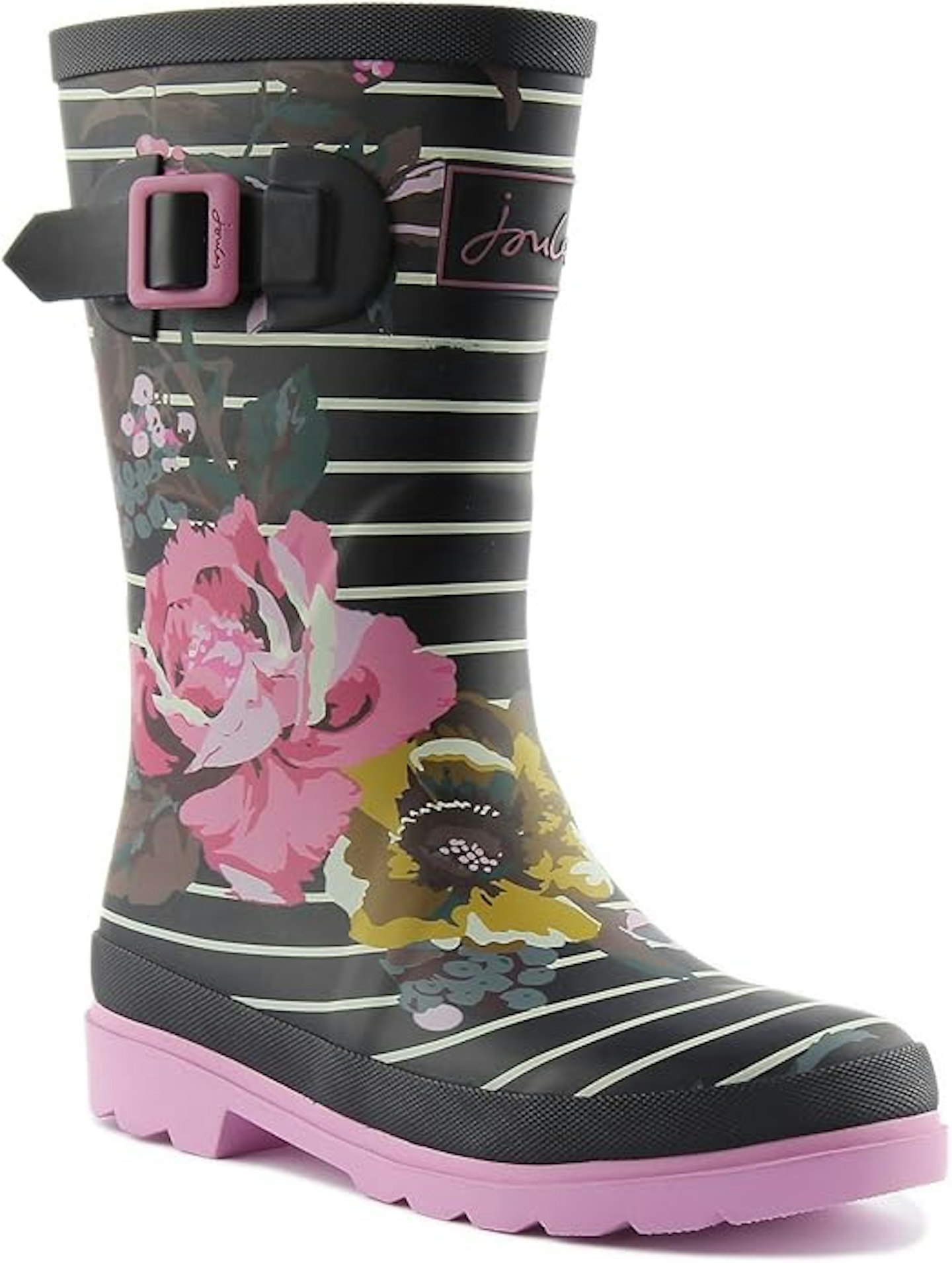 Joules Girl's Jnr Welly Print Rain Boot in a flower print with white stripes around