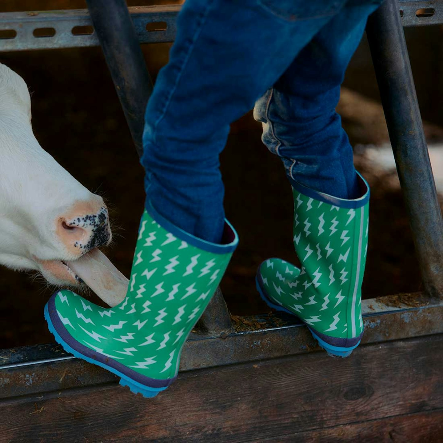 Puddlestomper Wellies in Green with lightning flashes