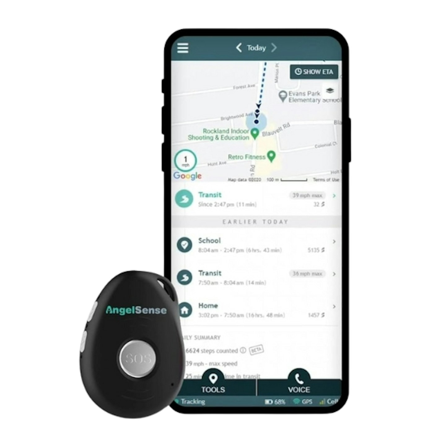 AngelSense Personal GPS Tracker and app details shown on phone