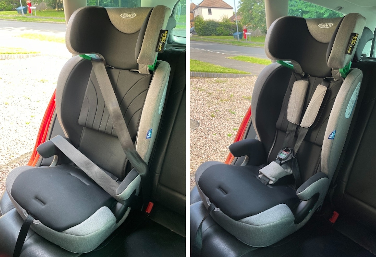 Graco Energi with top headrest on, installed in the back of a car