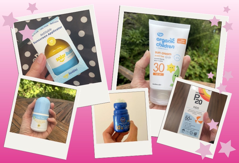 Collage picture of a variety of sunscreens for kids