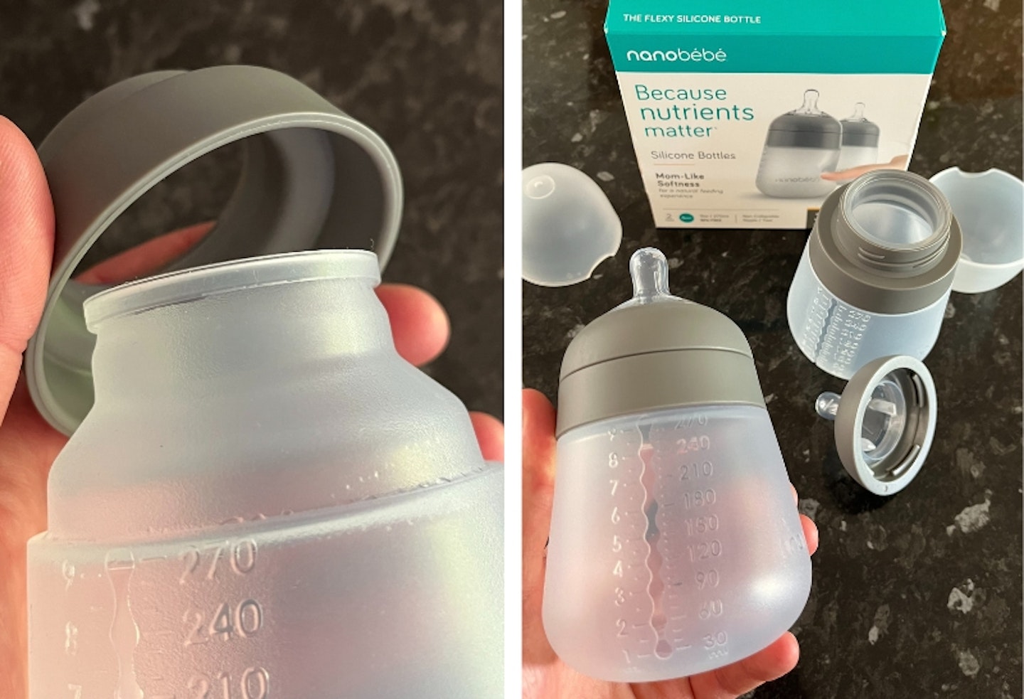 two photos of the Nanobebe Flexy Silicone Baby Bottles. on the left is showing the lid, and on the right is all the elements from the packaging box on a table