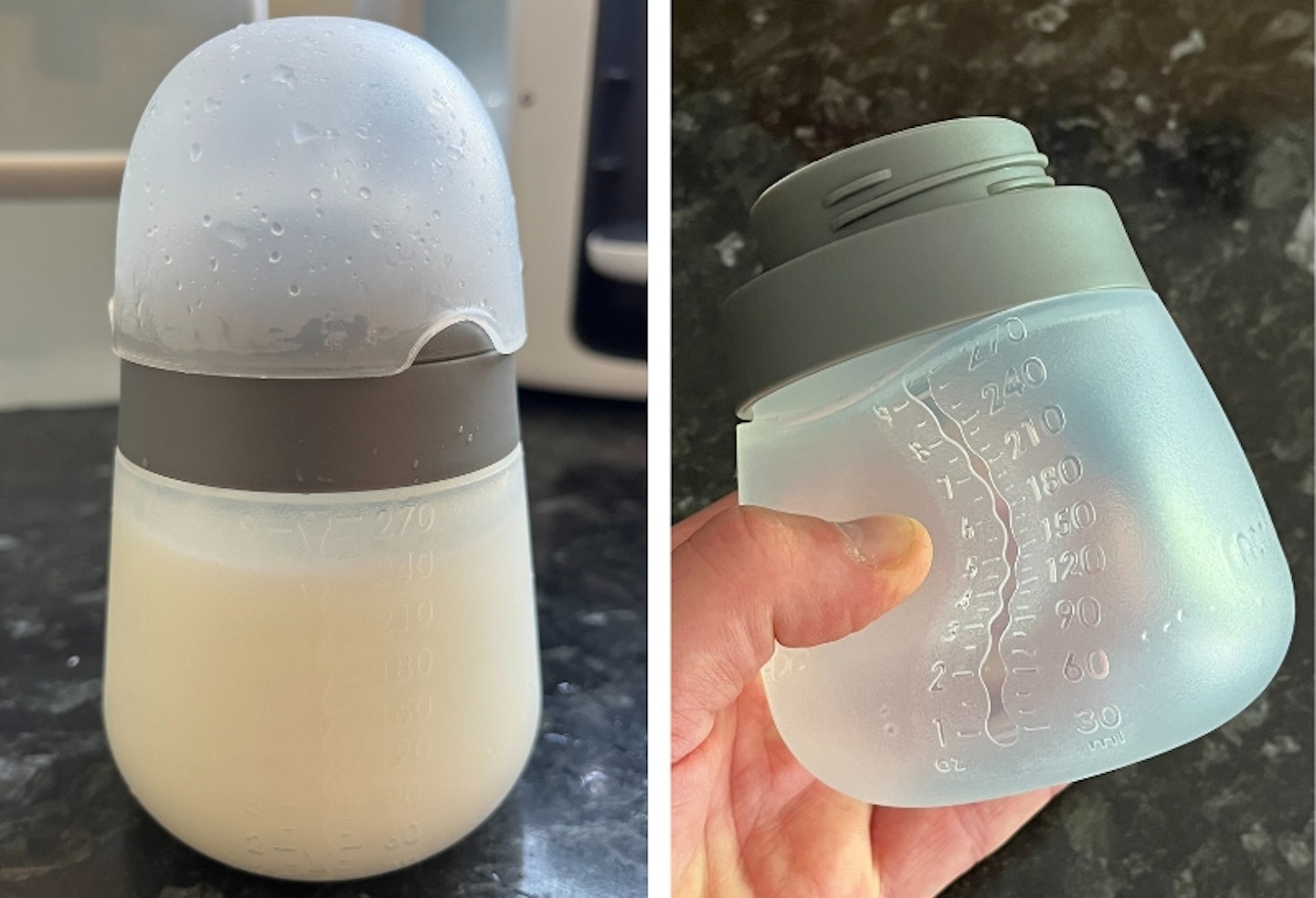 two photos, on the left is a bottle filled with milk, on the right is a hand squeezing the Nanobebe Flexy Silicone Baby Bottle