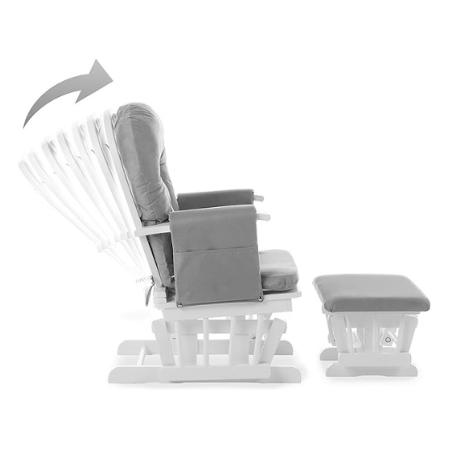 Obaby Reclining Glider Nursing Chair with diagram showing the multiple reclining options