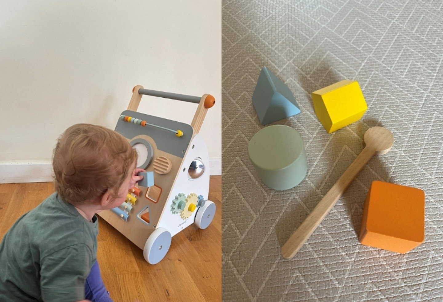 Toddler putting square block into the Sweet Cocoon Wooden Multi-Activity Baby Walker and colourful shaped wooden blocks