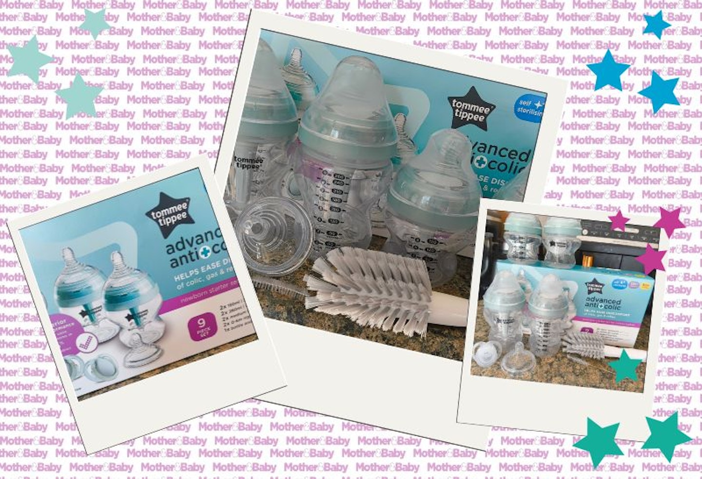 A selection of images showing the Tommee Tippee Advanced Anti-Colic Baby Bottle set being tested